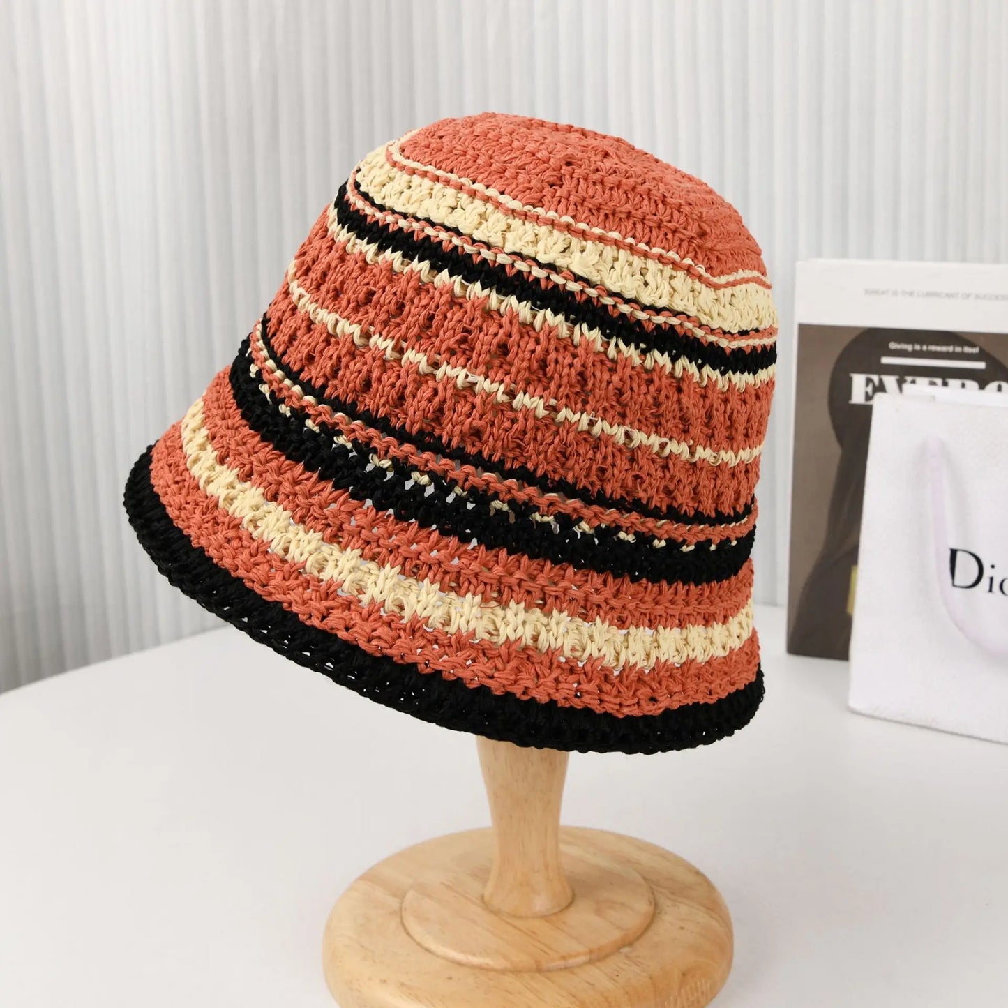 Korean New Striped Beach Vacation Fisherman Hat Gradient Versatile Round Top Beach Sun Protection and Sunshade Hat