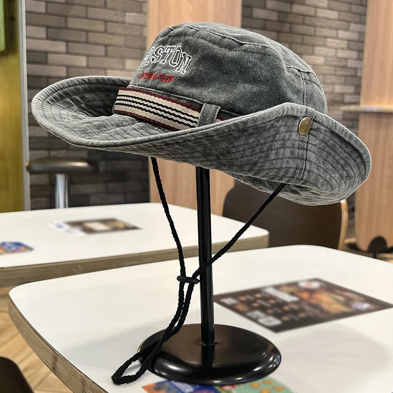 Unisex Washed Cotton Bucket Hat – Wide Brim UV Protection Panama Safari Hiking Sun Cap