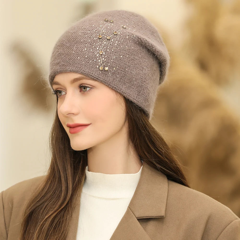 New Women Winter Hat Fashion Decorate Beanie Hat Rabbit Fur Blend Warm Winter Cap For Female Casual Streetwear Knitted Hat