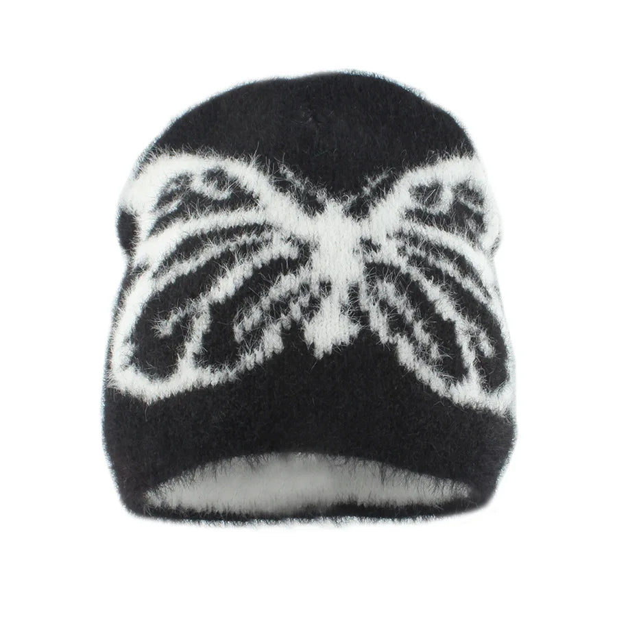2024 Autumn and Winter New Mink Hair Knitted Hat Female Butterfly Jacquard Thickened Warm Plush Pullover Hat Versatile