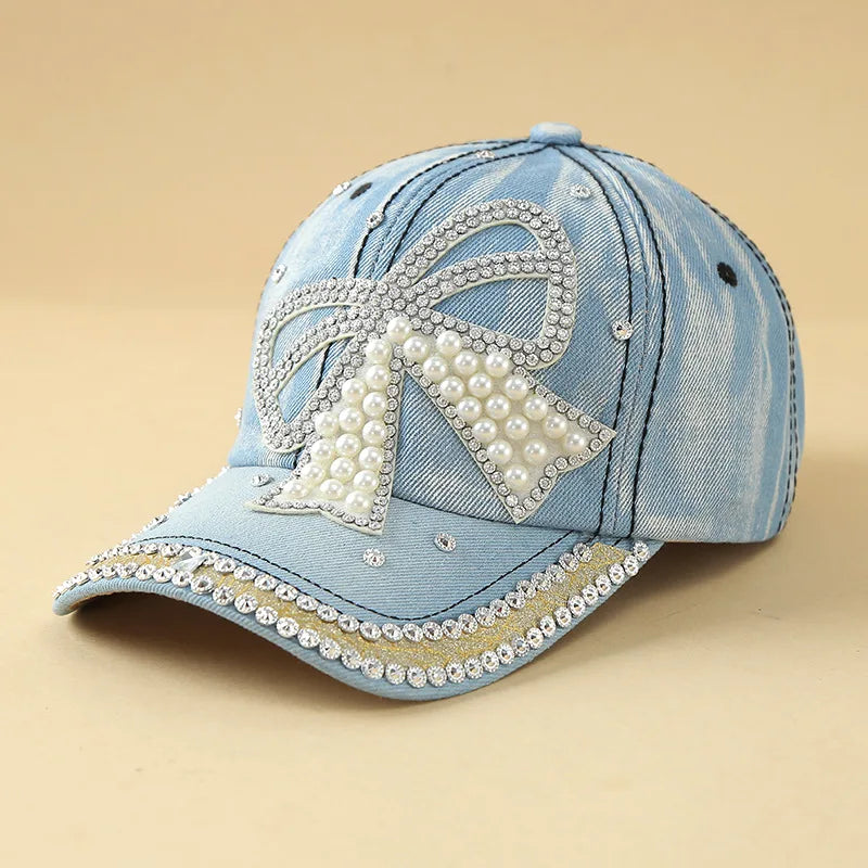 Adjustable Denim Baseball Caps with Pearl-Embellished Bow Sun Protection, Handmade Diamond Stitching - Versatile Hats