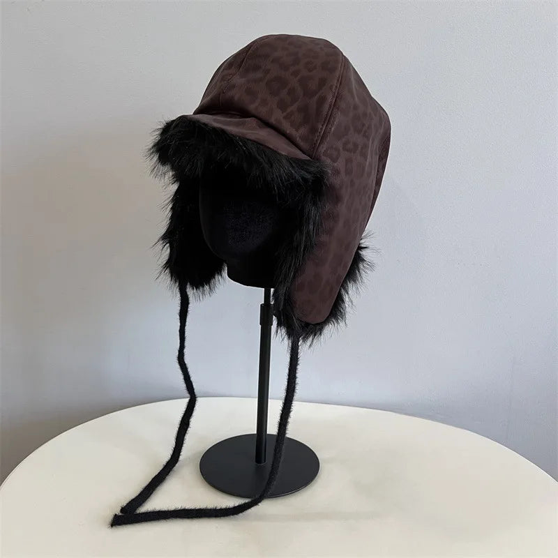 Unisex Leopard Print Winter Bomber Hat – Faux Mink Fur Ski Cap with Ear Protection