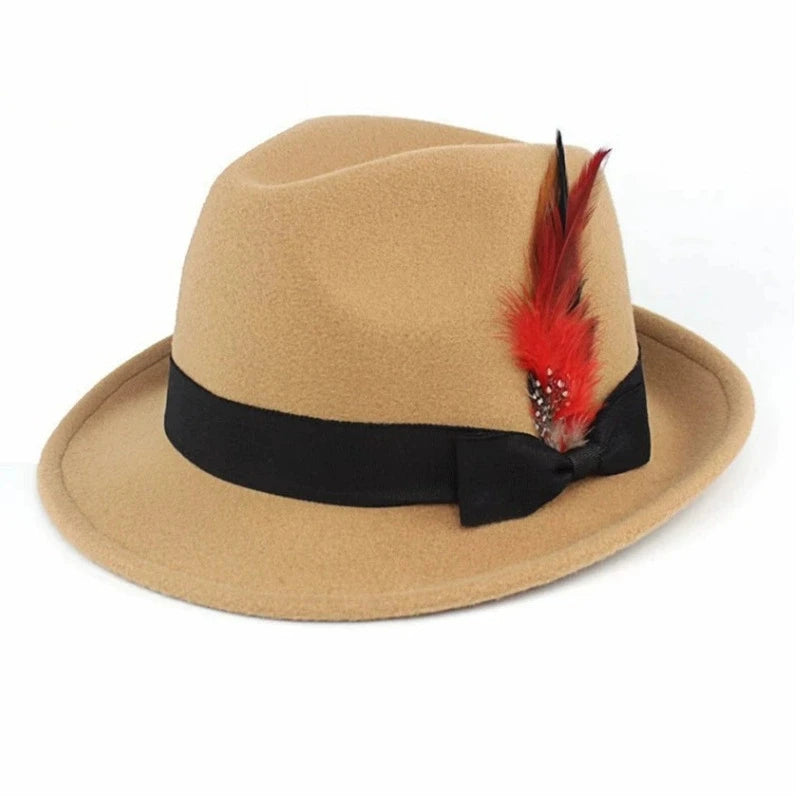 Hot-Selling Feather Top Hat British Style Felt Hat Fashionable and Versatile Woolen Retro Gentleman's Jazz Hat for Men and Women