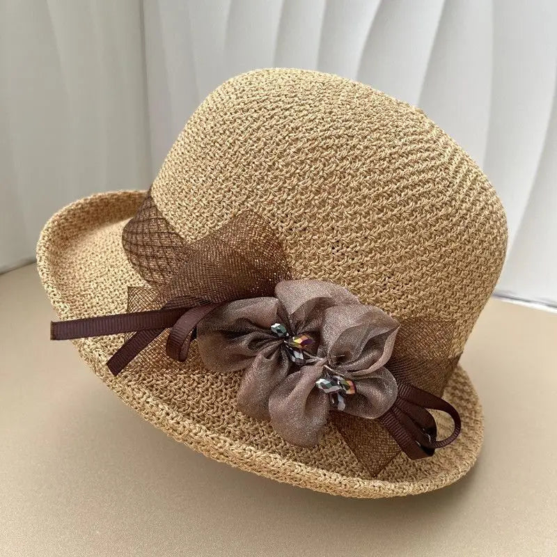 Hat for Women's New Summer Round Top Curled Edge Top Hat Sun Protection BreathabeMiddle-aged and Elderly Mothers Sun Hat Party