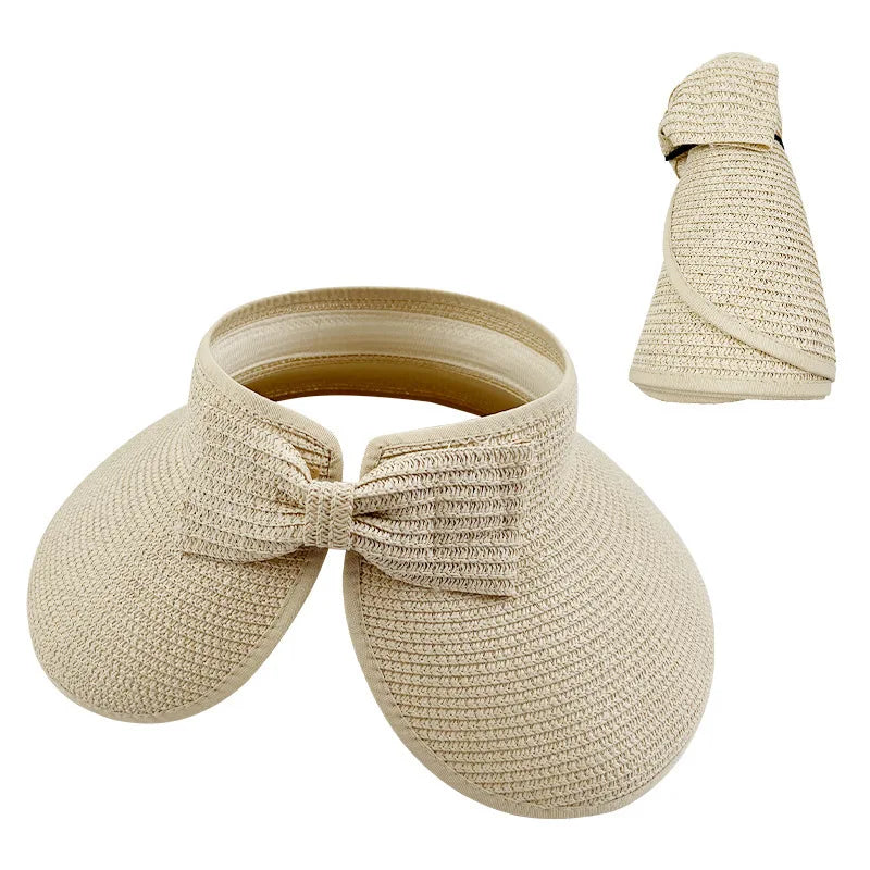 New Women Summer Visors Hat Foldable Wide Large Brim Bowknot Empty Top Straw Hats chapeau femme Beach UV Protection Caps