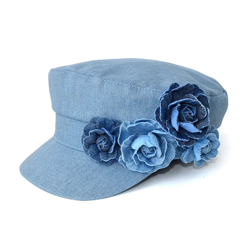 fashion denim beret three-dimensional flower flat top sun hat showing face small outdoor female captain military caps