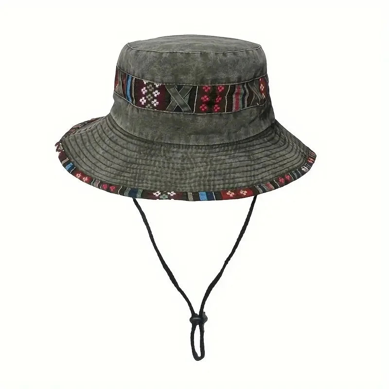 Retro Cotton Versatile Colorful Brim Bucket Hat, Sporty Adjustable UV Protection Sun Hat, With Chin Strap For Men Women