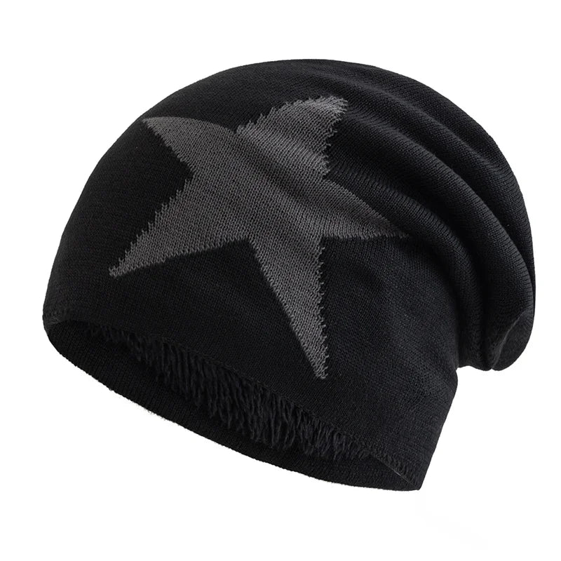 New Unisex Slouchy Winter Hats Five Star Pattern Warm Hats For Men Women Plush Fur Lined Fashion Ski Beanie Cap