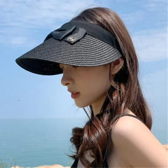 New Summer Empty Top Raffia Straw Hat Women Outdoor Travel Beach Sunscreen Anti Uv Riding Sun Hat Girl Big Brim Bow Visor Cap