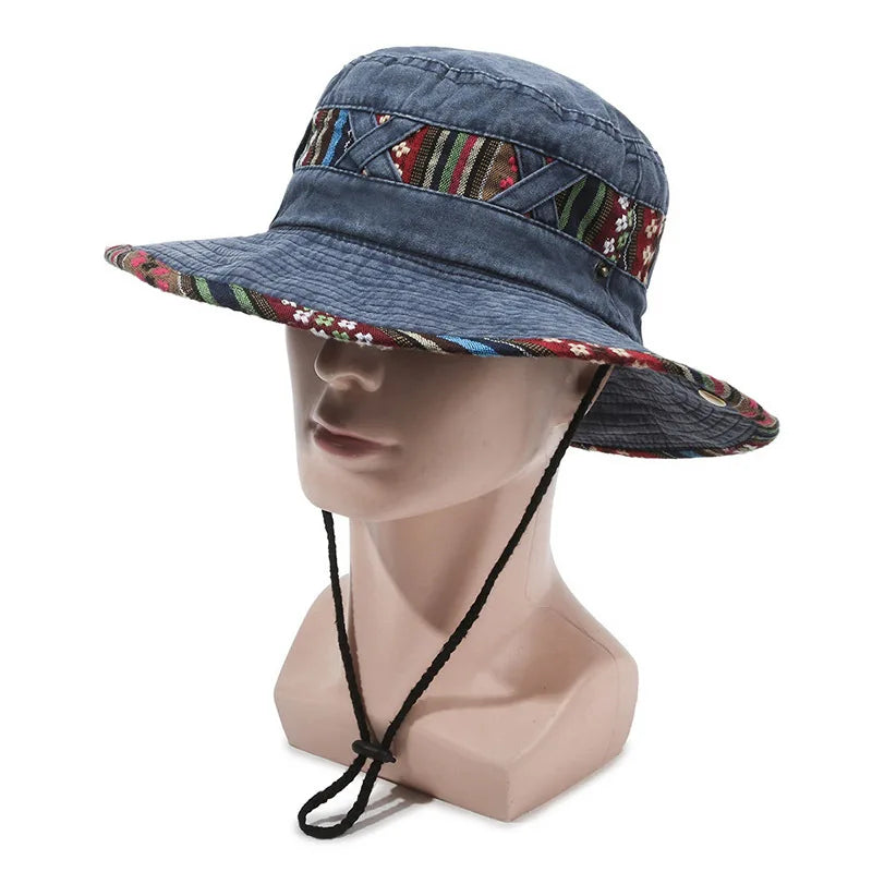Personalized Ethnic Wind Bucket Hat Spring and Summer Outdoor Fashion Sun Hat Retro Wind Wash Old Street Wind Big Edge Hat