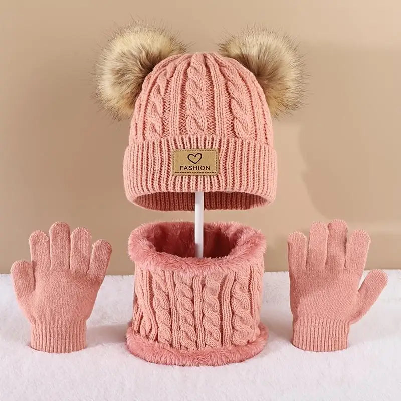 Toddler Kids Pom Pom Decor Beanie & Infinity Scarf & Gloves Boys Girls Winter Warm Suit