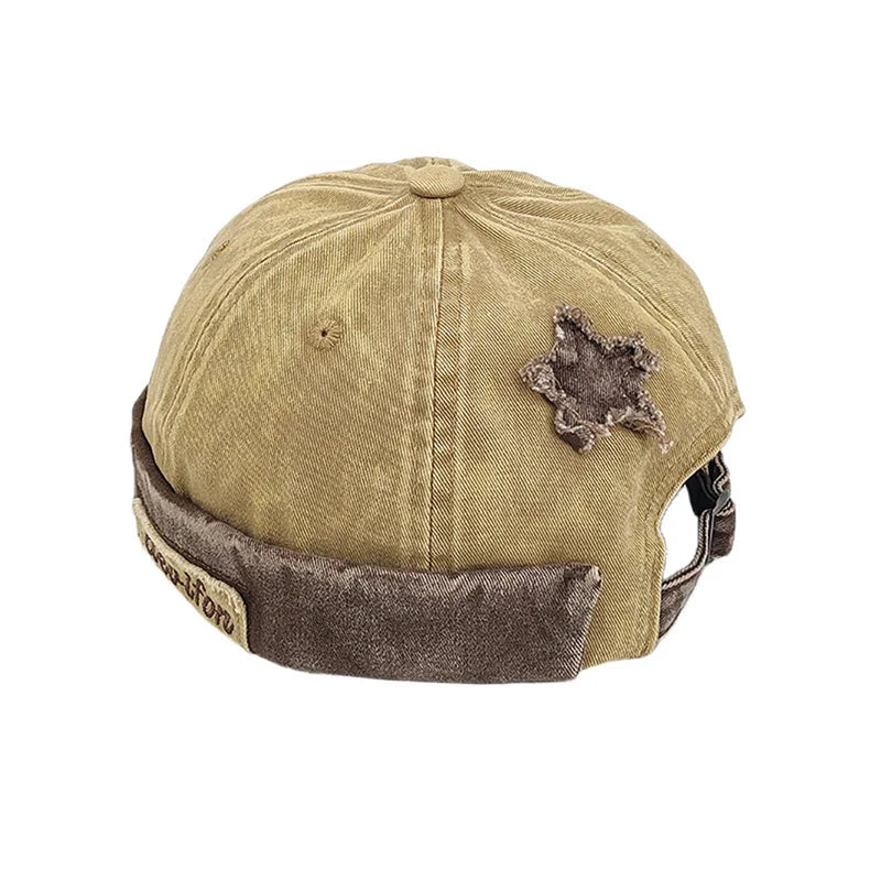 Unisex Washed Brimless Docker Cap – Star Splicing Letter Adjustable Vintage Hip Hop Beanie Hat
