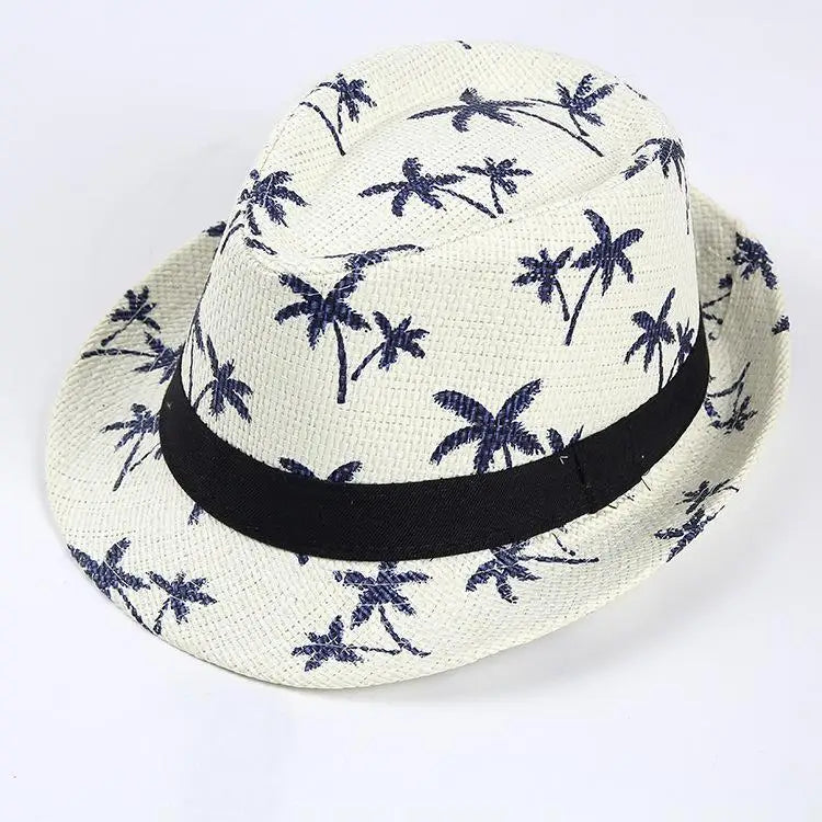 Sunshade Straw Hat Couple Breathable Mesh Beach Sun Hat Coconut Tree Pattern Men's and Women's Sunscreen Korean Jazz Gift Hat