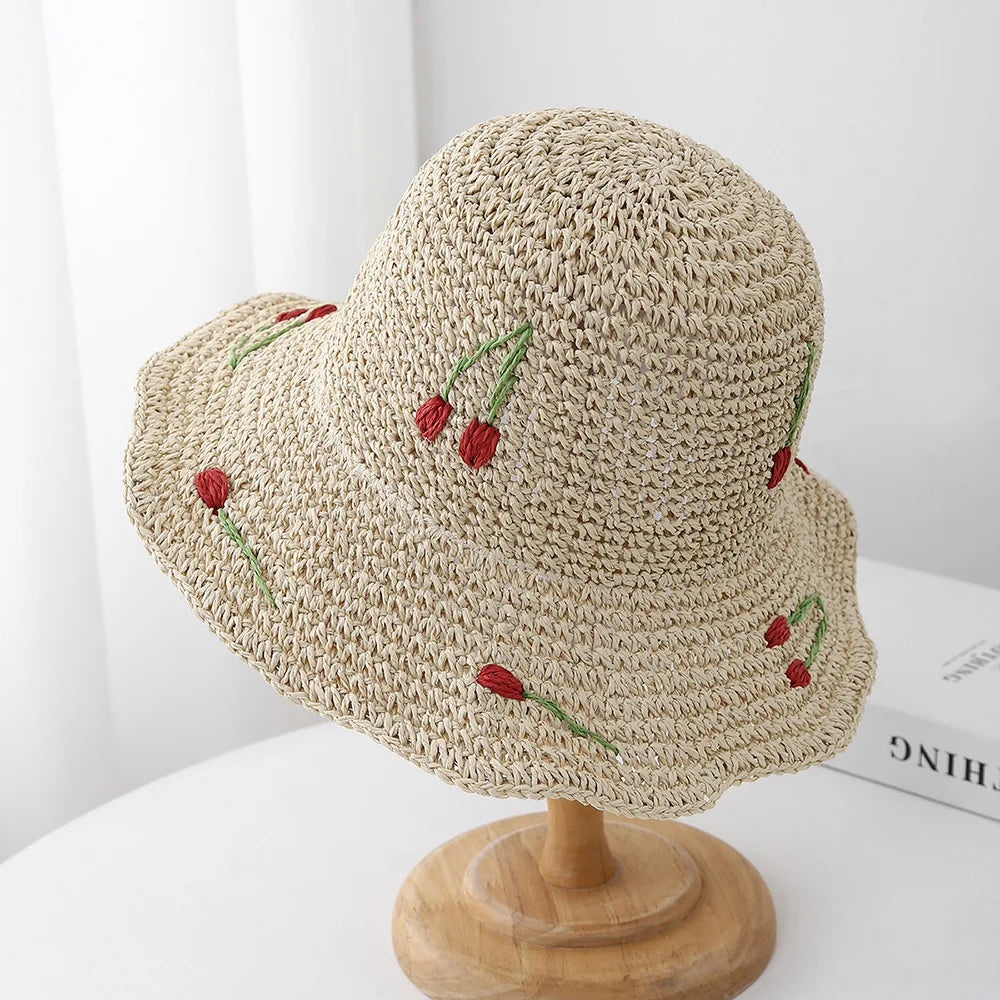 Summer Hats For Women Sun Hat Cherry Decoration Bucket Hat Seaside Holiday Sun Protection Breathable Beach Accessories Foldable