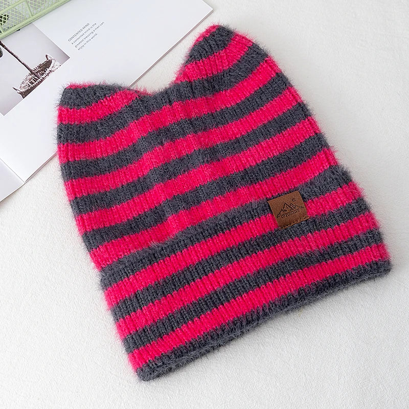 New Style Lovely Hat Cat Ear Beanie Cap Winter Hats For Women Y2K All Stripes Fashion Outdoor Warm Hat Beanie Warm Cap For Girl