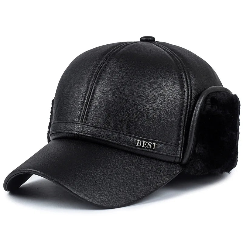 Men’s Faux Leather Baseball Cap with Ear Flaps Winter Warm Outdoor Hat