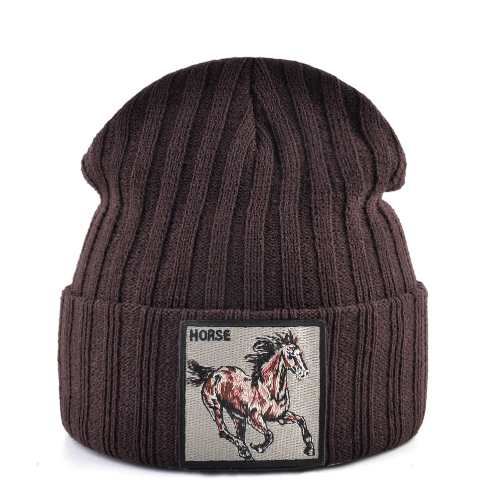 New Skullies Beanies With Horse Embroidery Patch Knitted Solid Color Hats For Men Women Outdoor Streetwear Bonnet Cap Boys Hat