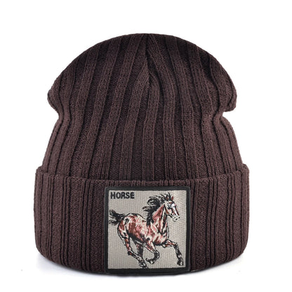 New Skullies Beanies With Horse Embroidery Patch Knitted Solid Color Hats For Men Women Outdoor Streetwear Bonnet Cap Boys Hat