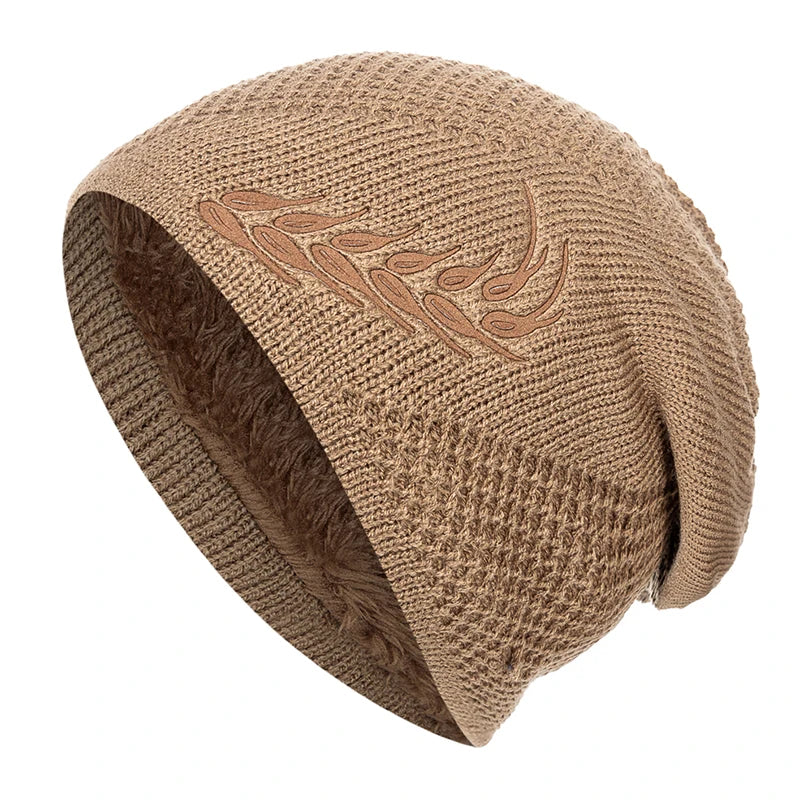 Unisex Warm Winter Beanie Hat Fashion Wheat Embroidered Knitted Hat Men Women Plush Fur Lined Thick Ski Beanie Cap