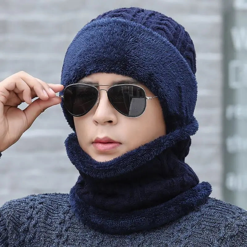 Unisex Plush Fleece Lined Winter Hat Thicken Warm Knitted Suit Set Soft Stretch Winter Hats For Men Women Leisure Beanie Cap