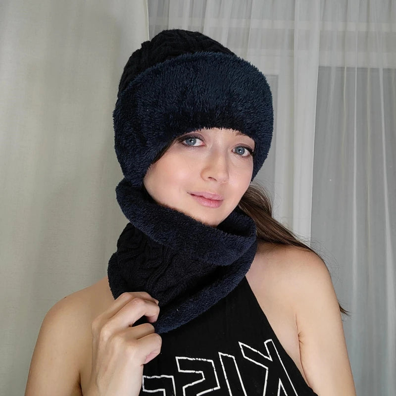 Unisex Plush Fleece Lined Winter Hat Thicken Warm Knitted Suit Set Soft Stretch Winter Hats For Men Women Leisure Beanie Cap