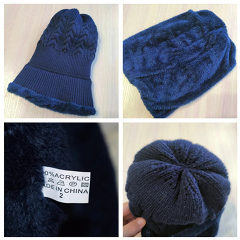 Unisex Plush Fleece Lined Winter Hat Thicken Warm Knitted Suit Set Soft Stretch Winter Hats For Men Women Leisure Beanie Cap