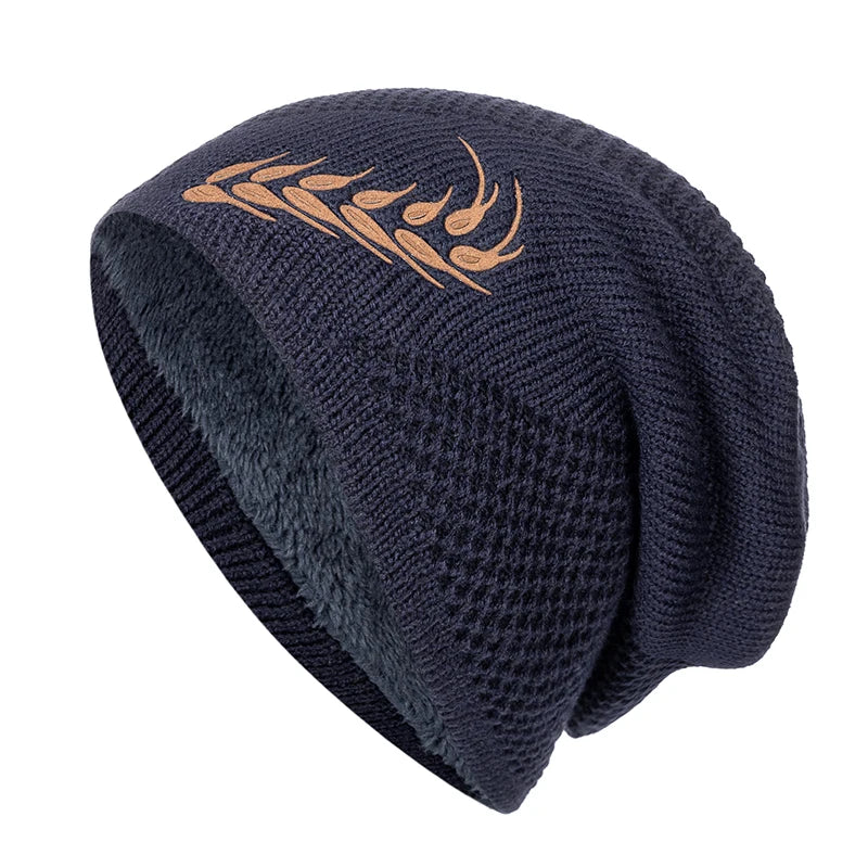 Unisex Warm Winter Beanie Hat Fashion Wheat Embroidered Knitted Hat Men Women Plush Fur Lined Thick Ski Beanie Cap