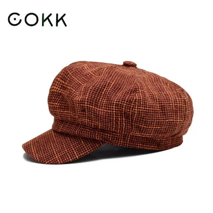 Newsboy Cap Octagonal Hat Plaid Beret Women Autumn Winter Fashion Vintage Casual