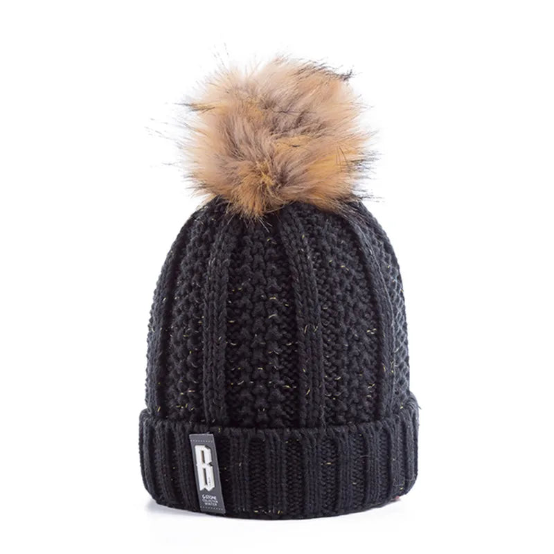 New Women Hat High Quality Add Fur Lined Pompoms Winter Hat Stylish Wool Beanie Hats For Women Warm Thick Streetwear Knitted Cap