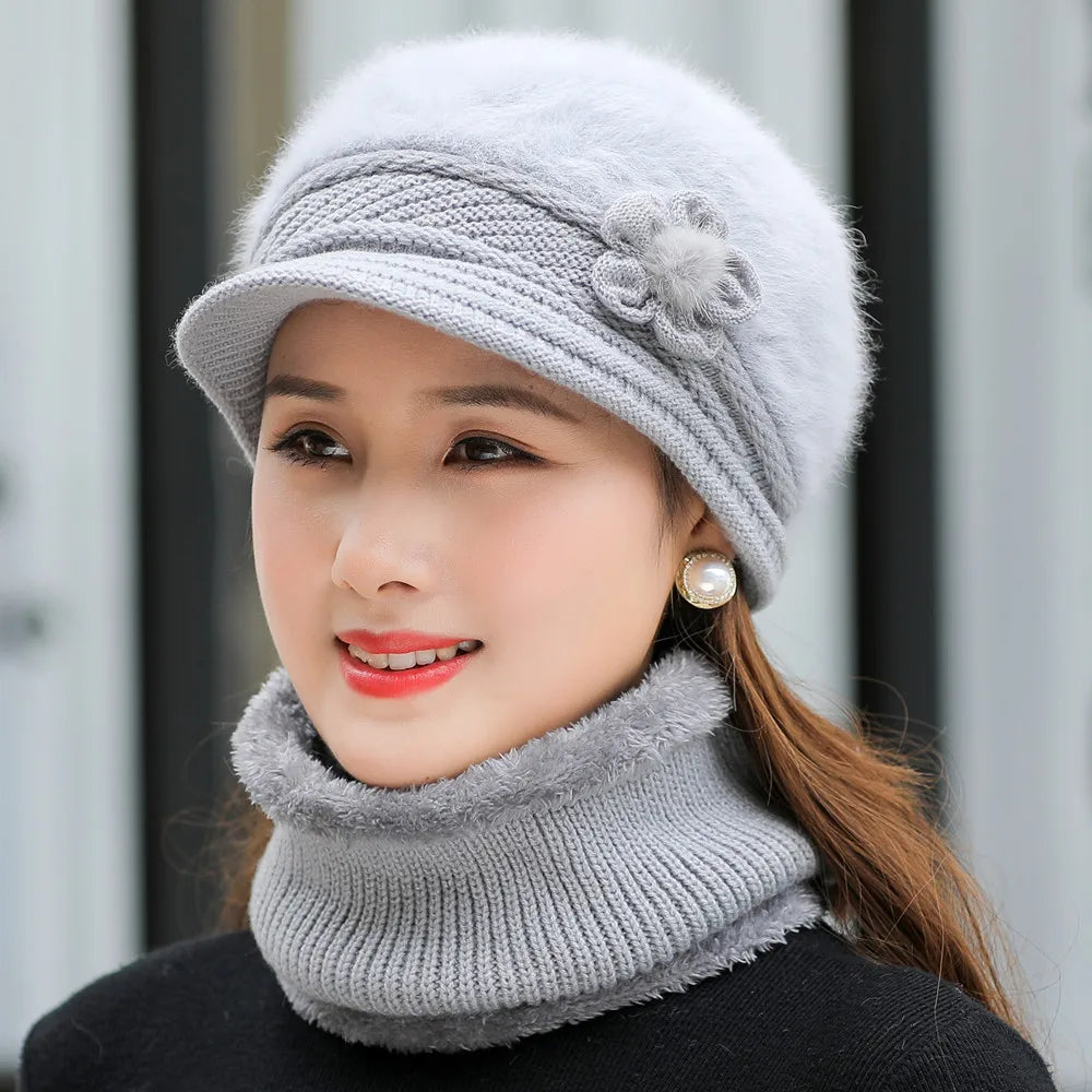 New Women Winter Hat Keep Warm Cap Add Fur Lined Hat & Scarf Warm Set Fashion Hat For Women Casual Faux Fur Flower Knitted Hat