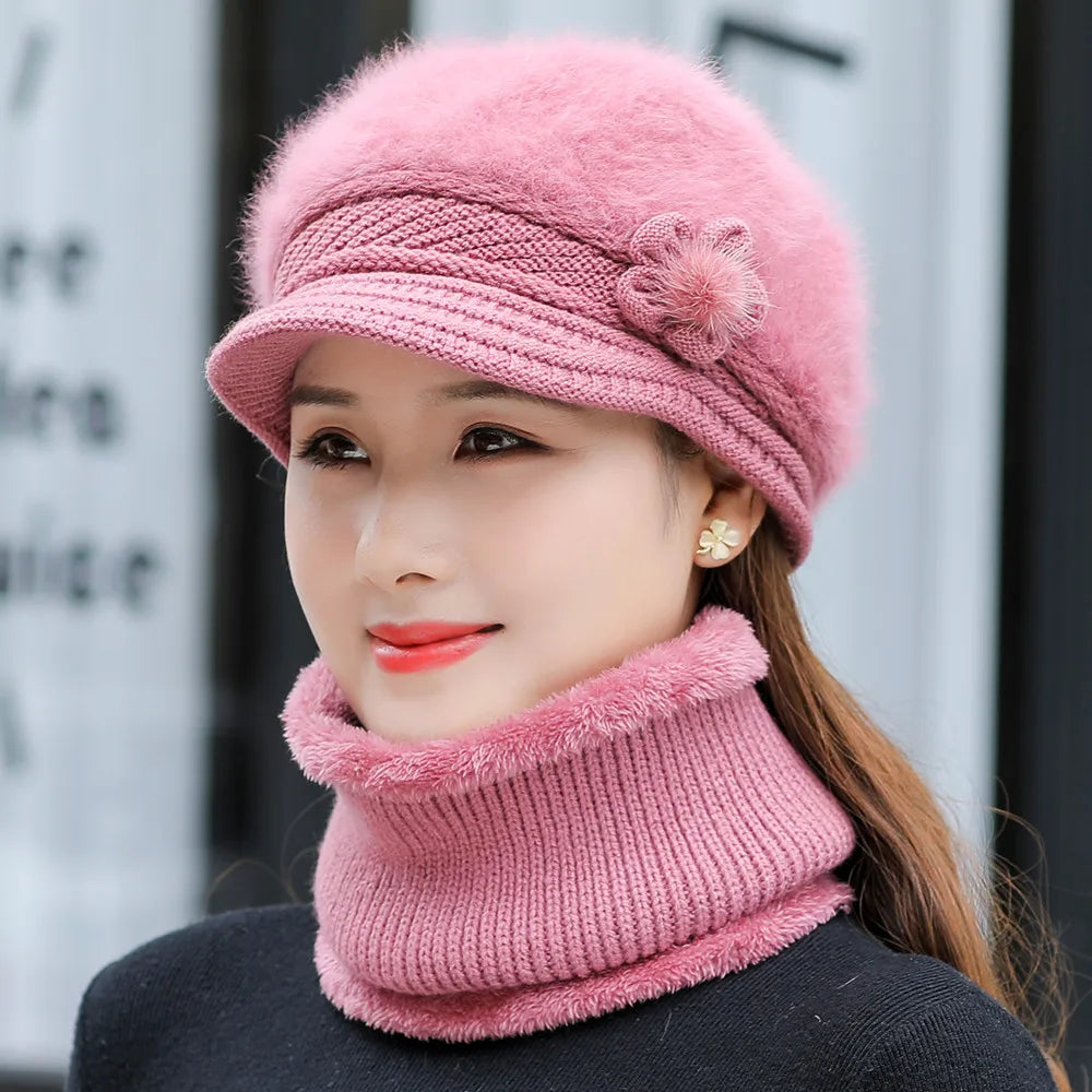 Hot Sale Women Keep Warm Hat Suit Fashion Plush Fur Lined Winter Caps Set Outdoor Faux Fur Knitted Hats