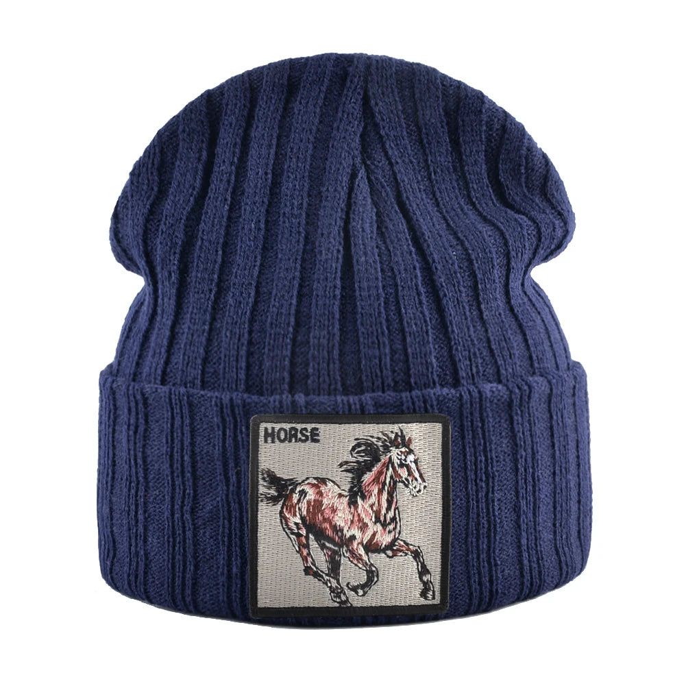 New Skullies Beanies With Horse Embroidery Patch Knitted Solid Color Hats For Men Women Outdoor Streetwear Bonnet Cap Boys Hat