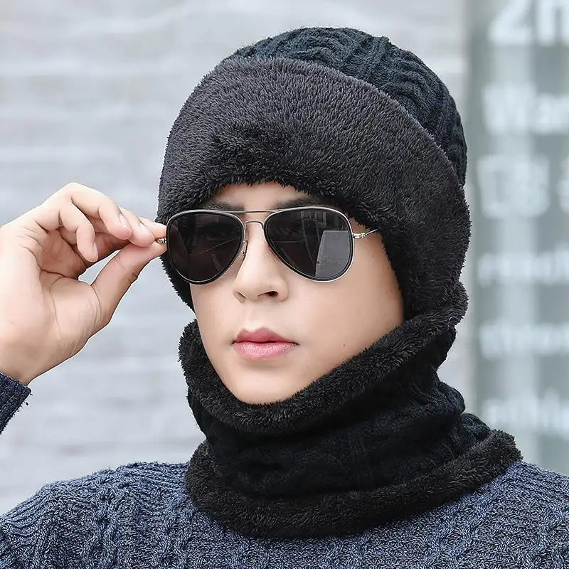 Unisex Plush Fleece Lined Winter Hat Thicken Warm Knitted Suit Set Soft Stretch Winter Hats For Men Women Leisure Beanie Cap