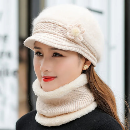 New Women Winter Hat Keep Warm Cap Add Fur Lined Hat & Scarf Warm Set Fashion Hat For Women Casual Faux Fur Flower Knitted Hat