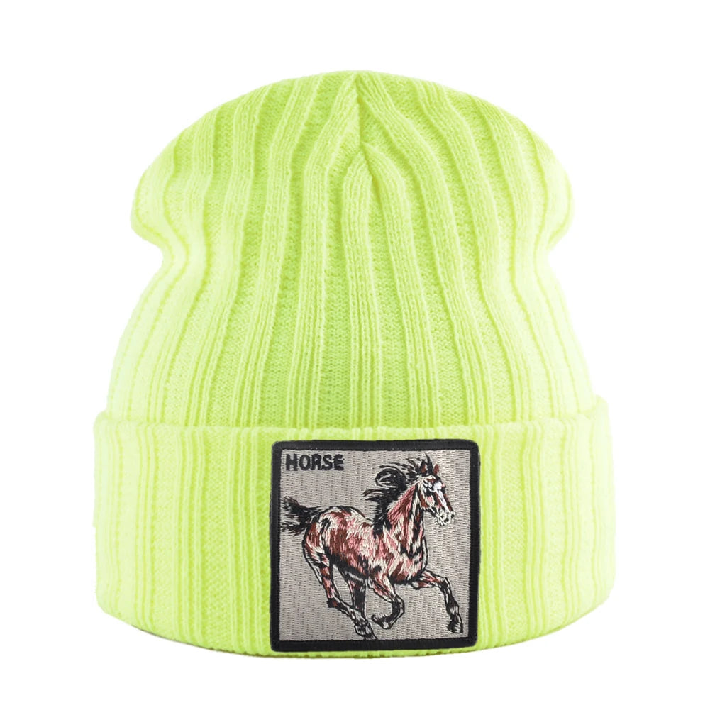 New Skullies Beanies With Horse Embroidery Patch Knitted Solid Color Hats For Men Women Outdoor Streetwear Bonnet Cap Boys Hat