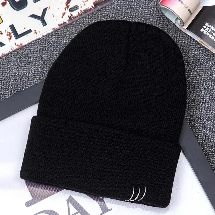 COKK Autumn Winter Hats For Women Girls Knitted Cap With Ring Hip Hop Korean Bonnet Beanie Hat Female Stretch Hats Gorras Black