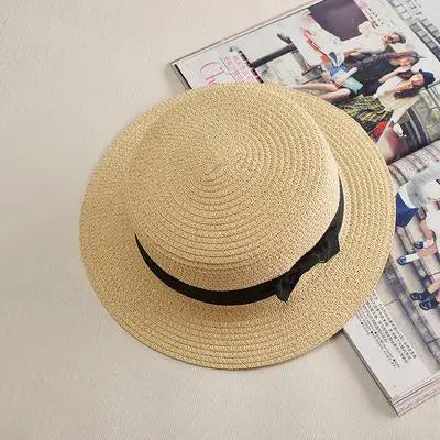 COKK Panama Simple Summer Beach Hat Female Casual Lady Women Flat Brim Bowknot Straw Cap Girls Sun Hat Chapeu Feminino