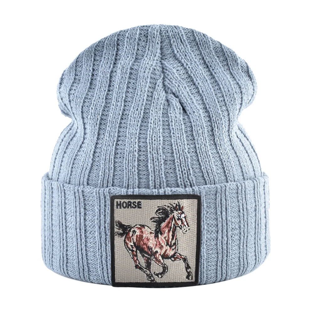 New Skullies Beanies With Horse Embroidery Patch Knitted Solid Color Hats For Men Women Outdoor Streetwear Bonnet Cap Boys Hat