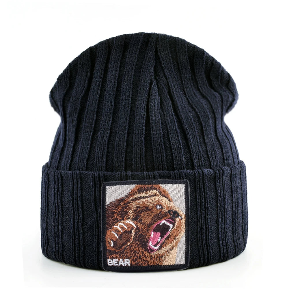 Embroidery Bear Knitted Beanies Hat Men Solid Color Autumn Winter Knitting Boy Skullies Caps Women Streetwear Kpop Gorras Bonnet
