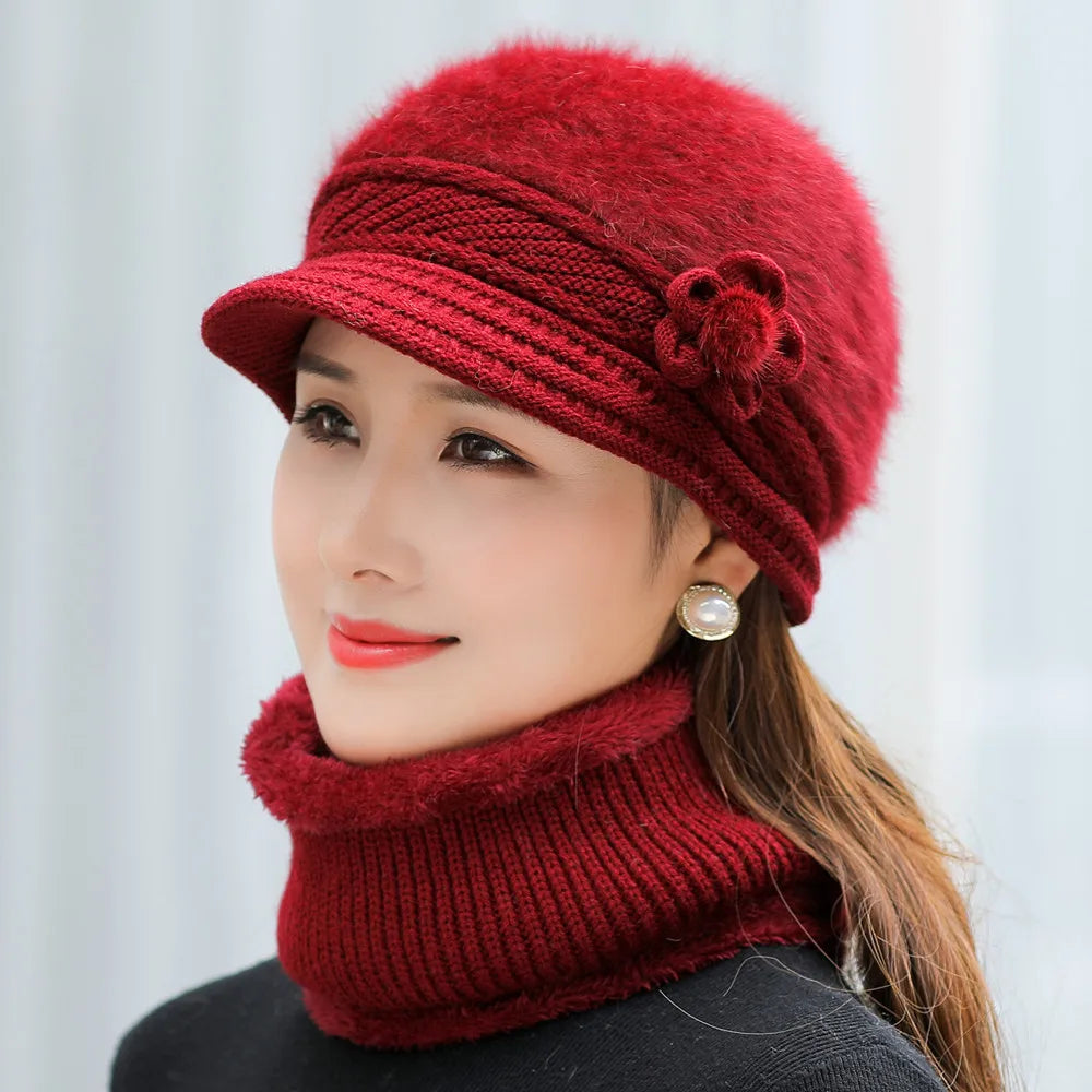 Hot Sale Women Keep Warm Hat Suit Fashion Plush Fur Lined Winter Caps Set Outdoor Faux Fur Knitted Hats