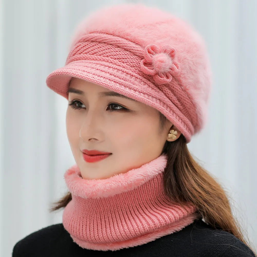 Hot Sale Women Keep Warm Hat Suit Fashion Plush Fur Lined Winter Caps Set Outdoor Faux Fur Knitted Hats