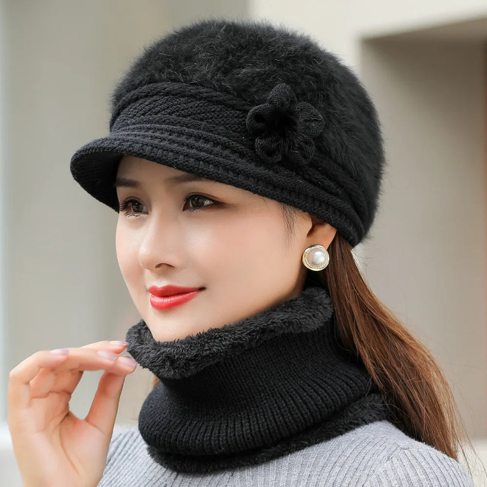 Hot Sale Women Keep Warm Hat Suit Fashion Plush Fur Lined Winter Caps Set Outdoor Faux Fur Knitted Hats