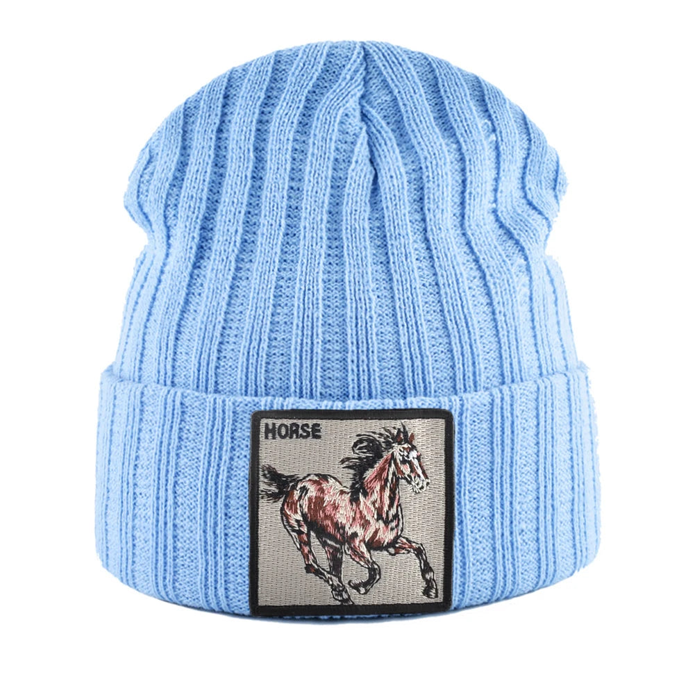 New Skullies Beanies With Horse Embroidery Patch Knitted Solid Color Hats For Men Women Outdoor Streetwear Bonnet Cap Boys Hat