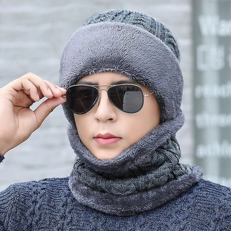 Unisex Plush Fleece Lined Winter Hat Thicken Warm Knitted Suit Set Soft Stretch Winter Hats For Men Women Leisure Beanie Cap