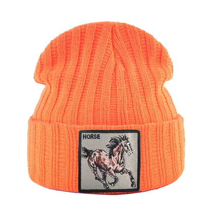 New Skullies Beanies With Horse Embroidery Patch Knitted Solid Color Hats For Men Women Outdoor Streetwear Bonnet Cap Boys Hat