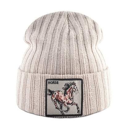 New Skullies Beanies With Horse Embroidery Patch Knitted Solid Color Hats For Men Women Outdoor Streetwear Bonnet Cap Boys Hat