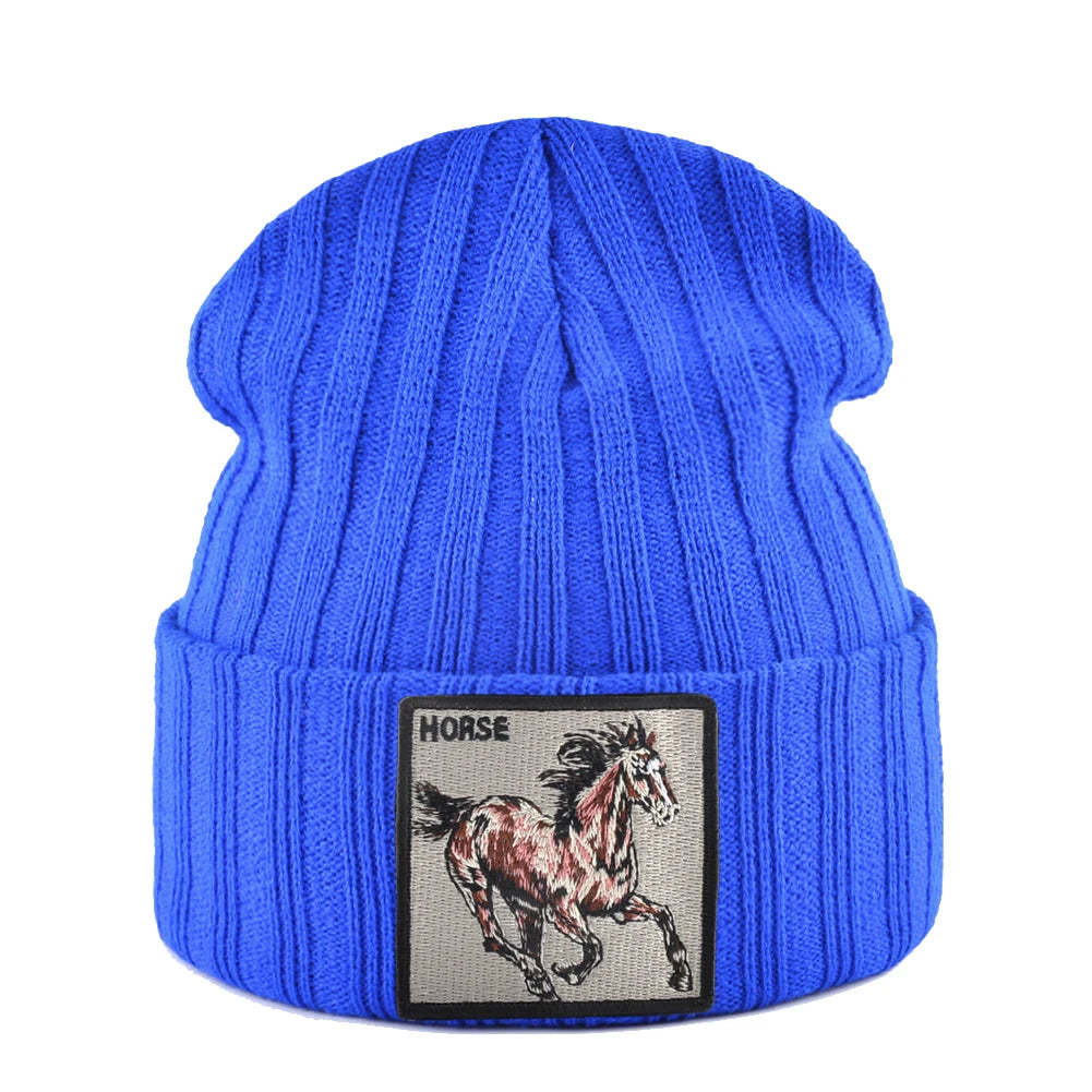New Skullies Beanies With Horse Embroidery Patch Knitted Solid Color Hats For Men Women Outdoor Streetwear Bonnet Cap Boys Hat