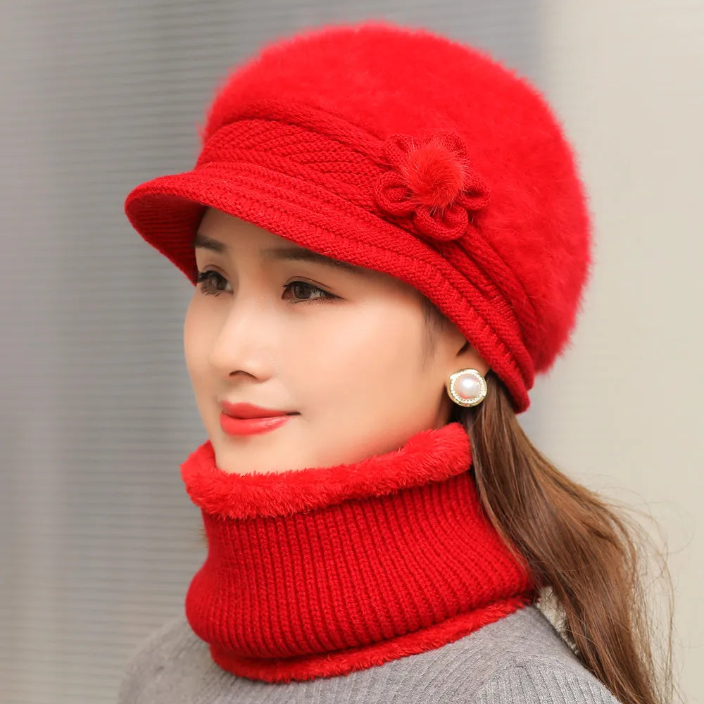 Hot Sale Women Keep Warm Hat Suit Fashion Plush Fur Lined Winter Caps Set Outdoor Faux Fur Knitted Hats