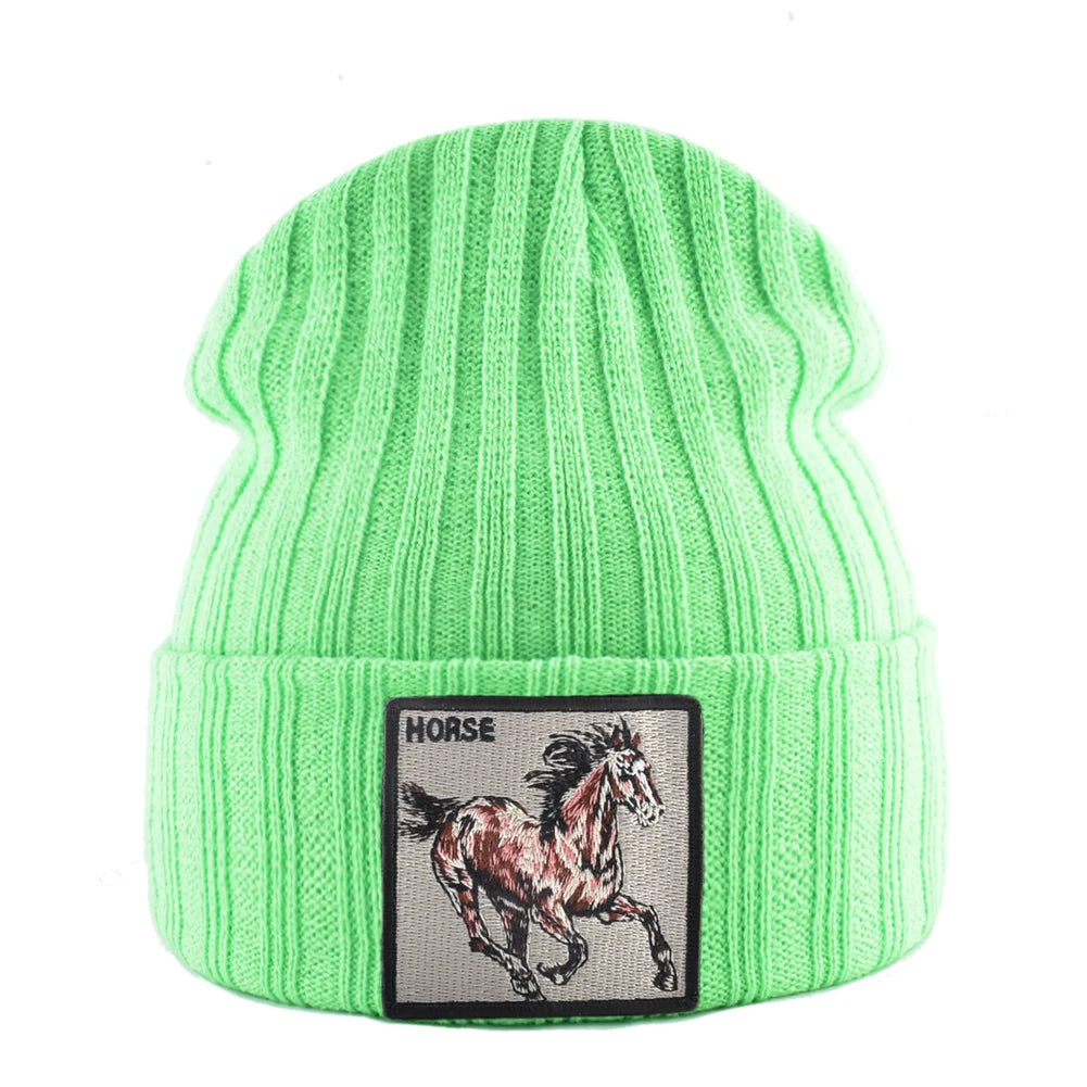 New Skullies Beanies With Horse Embroidery Patch Knitted Solid Color Hats For Men Women Outdoor Streetwear Bonnet Cap Boys Hat
