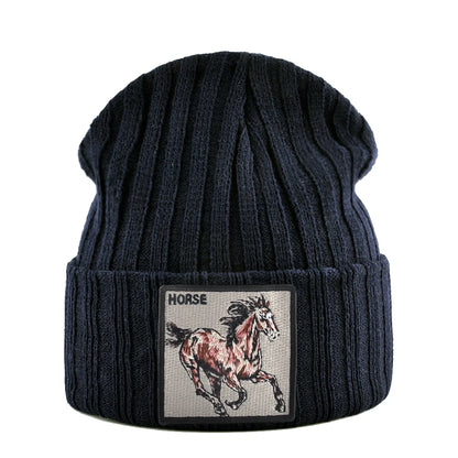 New Skullies Beanies With Horse Embroidery Patch Knitted Solid Color Hats For Men Women Outdoor Streetwear Bonnet Cap Boys Hat